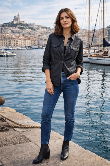Femme souriante en tenue décontractée près du port, avec bateaux et ville en arrière-plan.