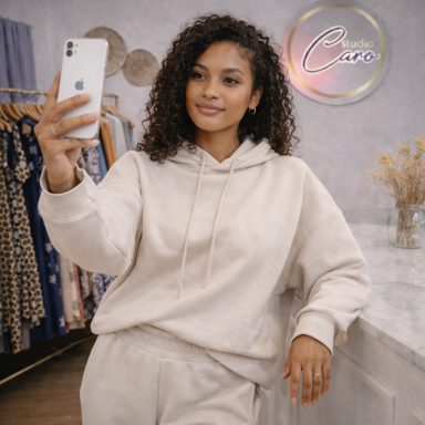 Femme avec des cheveux bouclés, souriante, prenant un selfie dans un vêtement beige.