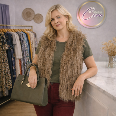 Femme souriante avec un gilet en fourrure, tenant un sac à main, devant des vêtements.