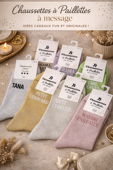 Chaussettes aux couleurs pastel avec étiquettes, présentées sur un fond décoratif.