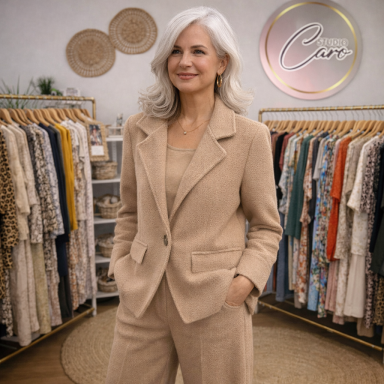 Femme souriante en blazer beige devant une sélection de vêtements colorés.