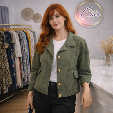 Femme aux cheveux roux, portant une veste verte et un t-shirt blanc, dans une boutique de vêtements.