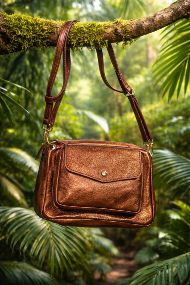Sac en cuir marron suspendu entre des feuilles tropicales.