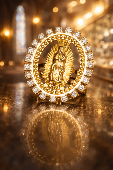 Médaillon en or avec une figurine, entouré de perles brillantes et réfléchissant la lumière.