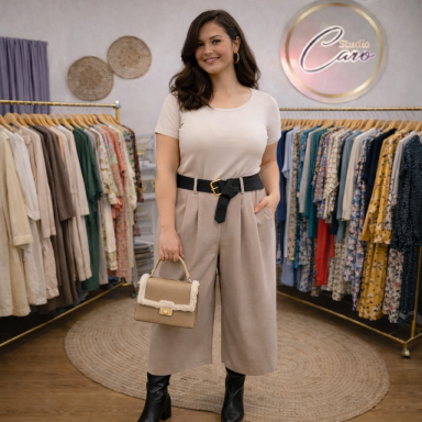 Femme souriante en tenue moderne avec un haut clair et un pantalon large beige, portant un sac.