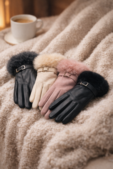 Gants variés en cuir, ornés de fourrure, posés sur un plaid beige à proximité d'une tasse.