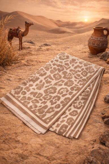 Serviette à motifs léopard posée sur le sol désertique, avec un chameau et une jarre en arrière-plan.