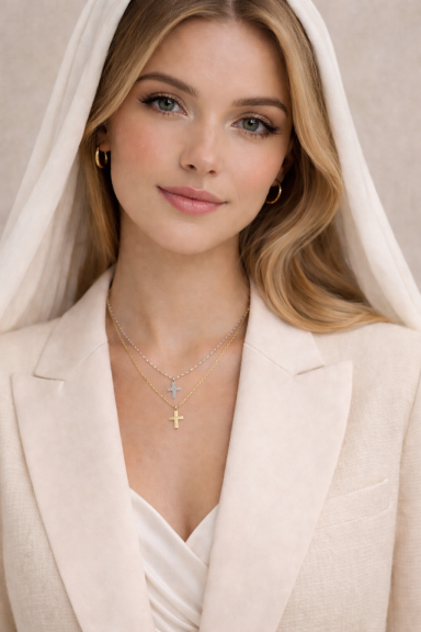 Femme souriante en costume clair avec un voile, portant un collier délicat.