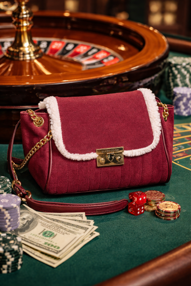 Sac à main bordeaux avec détails en blanc, posé sur une table de casino.